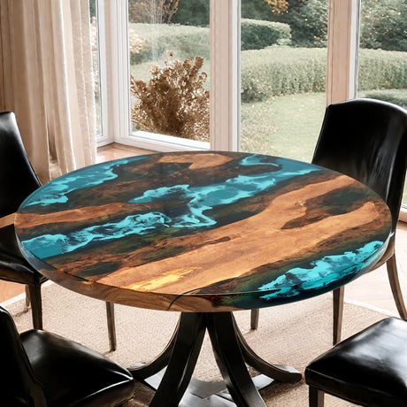 Elite Walnut Round Table with Turquoise - Blue Epoxy Ocean Waves ECT-03