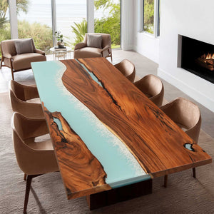 Elite Straight - Edge Walnut Dining Table with Blue Resin Wave 72‘’L×48''W, EIT-12