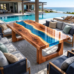 Custom Walnut Blue Epoxy Resin Patio Coffee Table | ECT-415