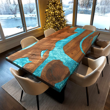 Elite Custom Black Walnut Resin Table with Turquoise River Inlay ECT-79