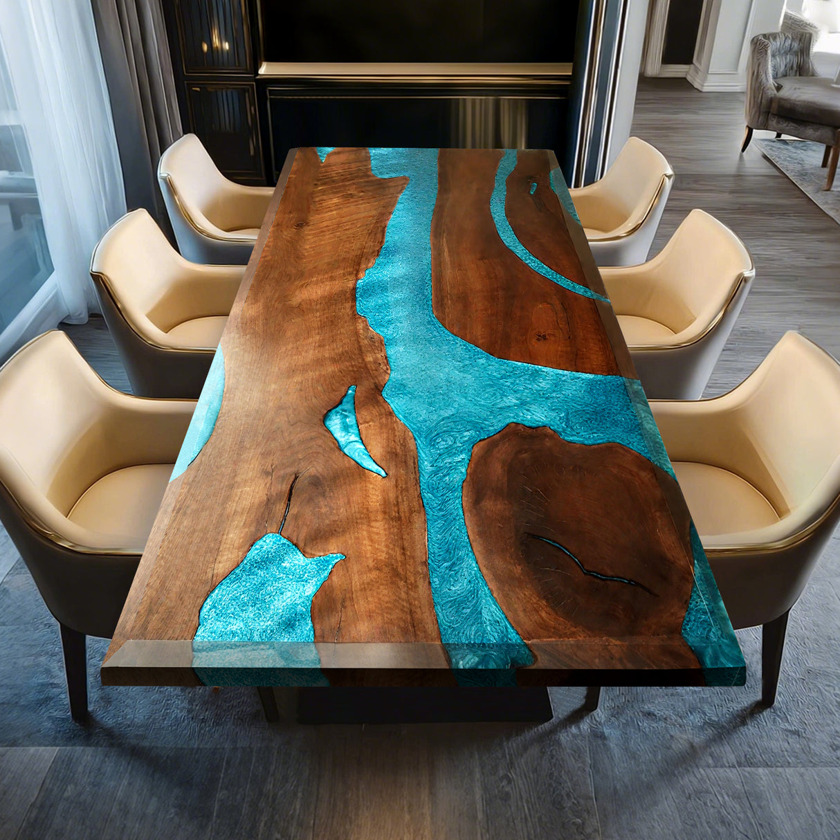 Elite Black Walnut Dining Table with Glazed Blue Epoxy Resin ECT-79