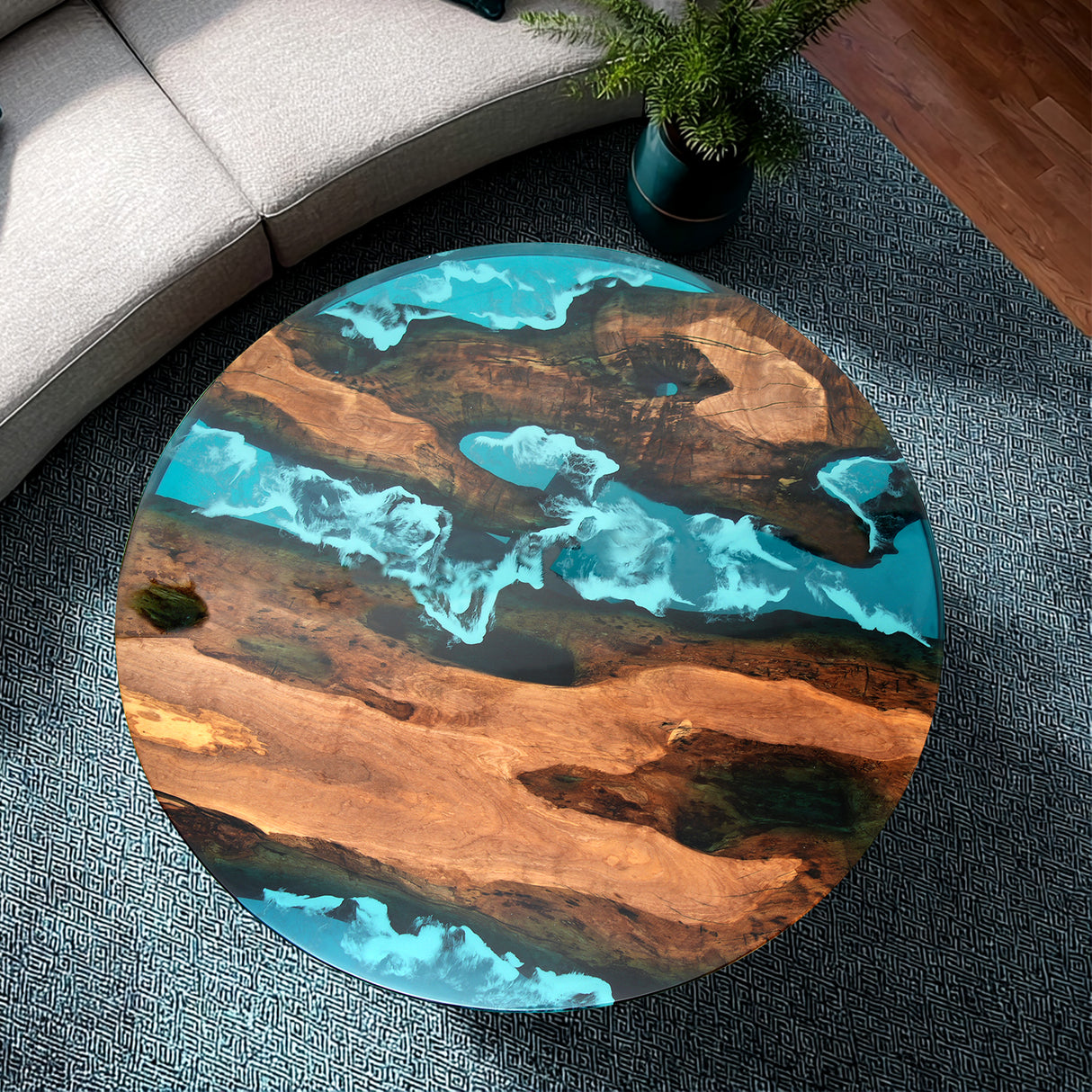Elite Walnut Round Table with Turquoise - Blue Epoxy Ocean Waves ECT-03