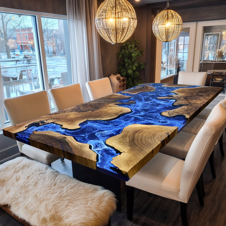 Elite  Natural Olive with Blue River Epoxy Resin Dining Table ECT-211