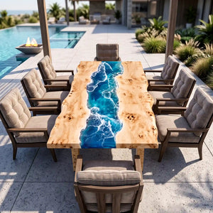 Custom Poplar Ocean Wave Epoxy Patio Dining Table | ECT-418