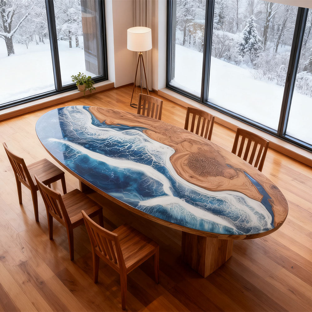 Elite Oval Olive Wood Dining Table with Vivid Ocean - Wave Resin Inlay ECT-244