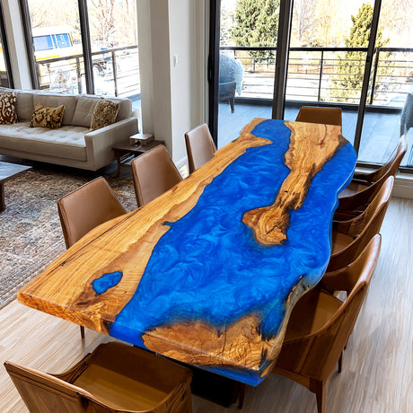 Elite Natural Olive & Flowing Ocean Blue Epoxy Resin Dining Table ECT-174
