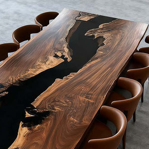 Elite Straight - Edge Black Walnut Dining Table with Deep Black Resin Inlay ECT-239
