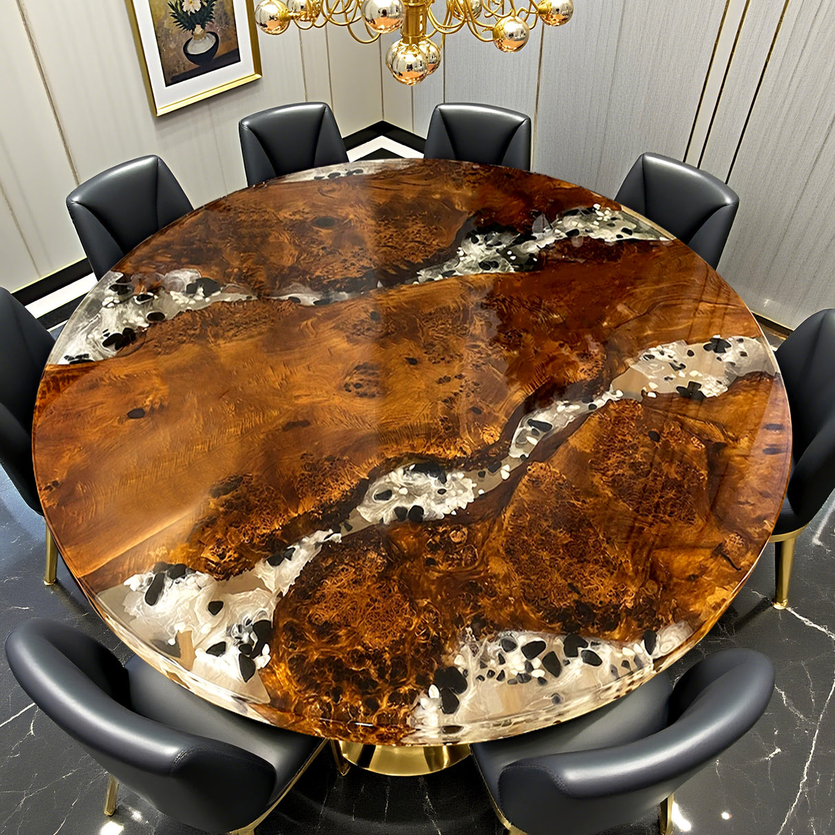 Elite Poplar Wood & Transparent Resin with Black and White Pebbles Round Coffee Table ECT-198