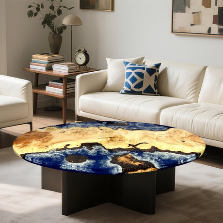 Elite Artistic Poplar Wood Oval Dining Table with Blue Resin Sea Inlay ECT-205
