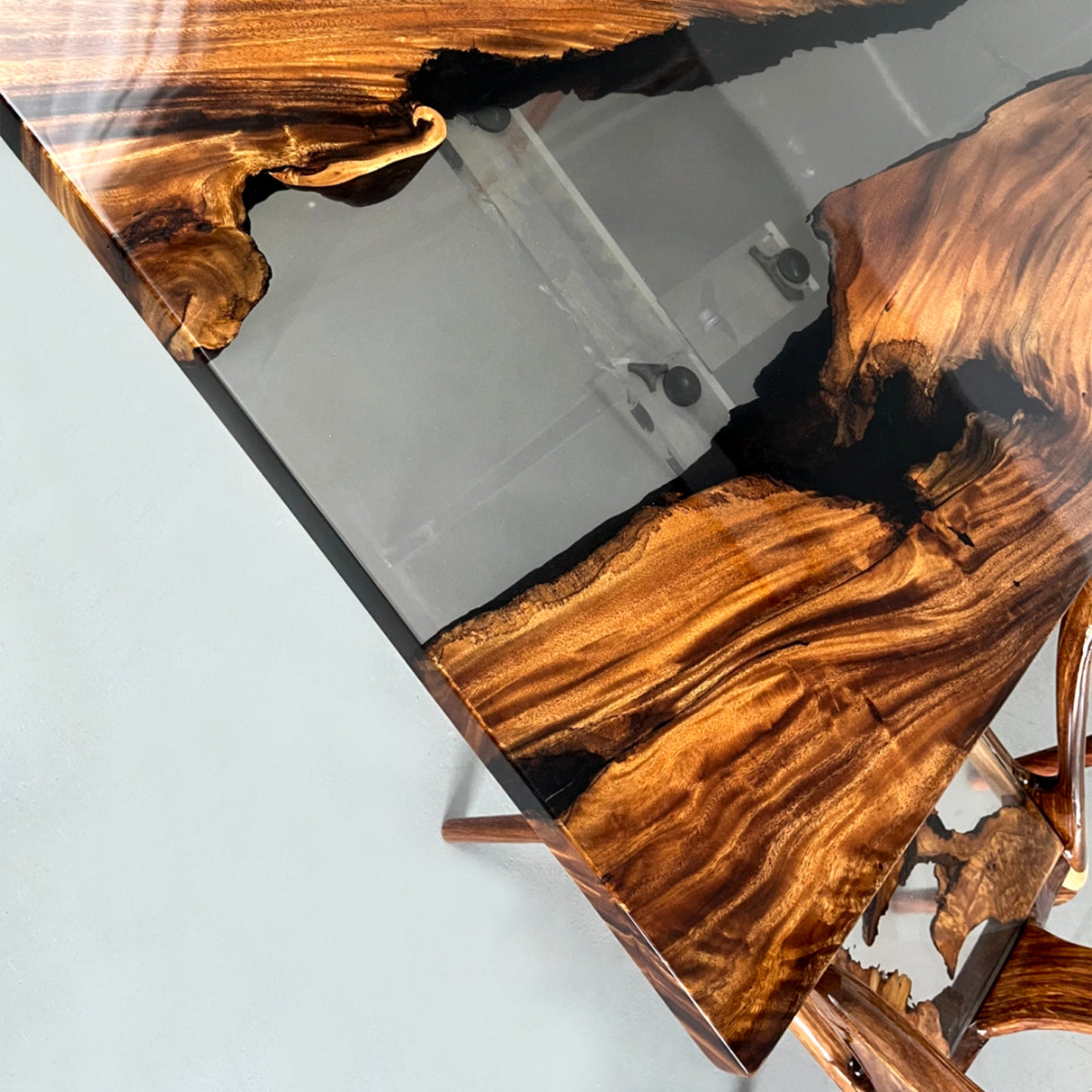 Elite Walnut Wood with Transparent Black - Gray Epoxy Resin Dining Table ECT-163