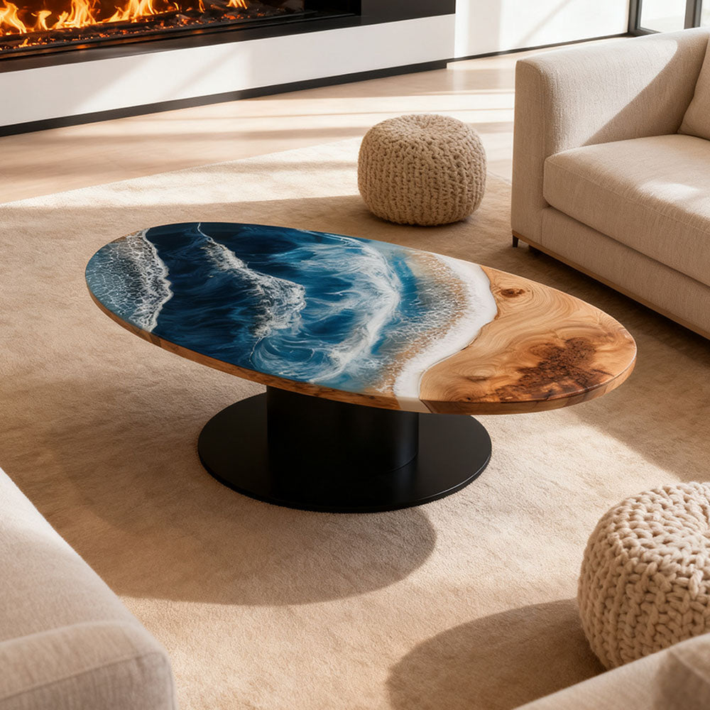 Elite Oval Olive Wood Dining Table with Dynamic Ocean - Wave Resin Inlay ECT-245