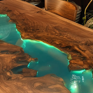 Elite Straight - Edge Black Walnut Dining Table with Glowing Teal Resin Inlay ECT-237