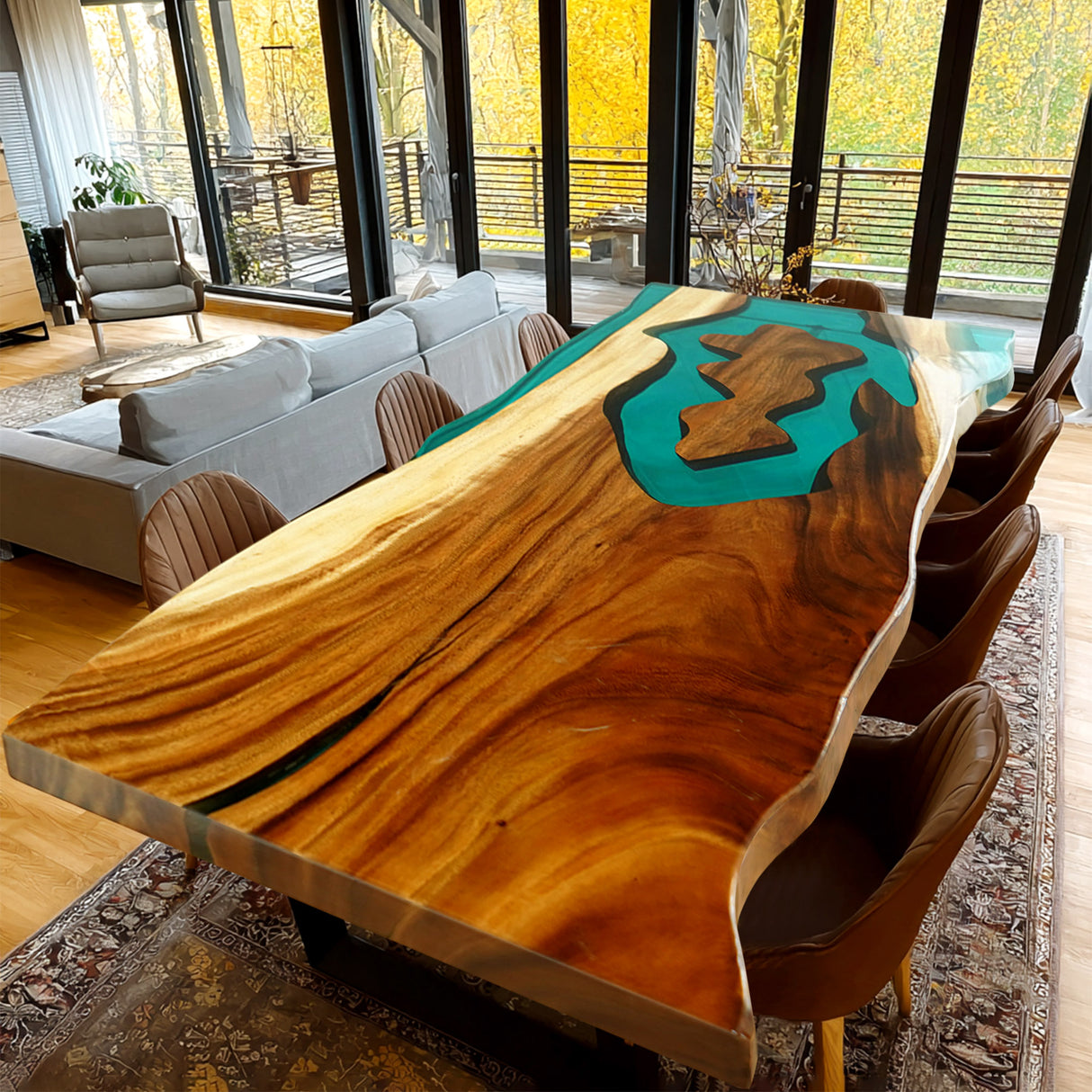 Elite Walnut Wood with Transparent Lake Green Epoxy Resin Dining Table ECT-177