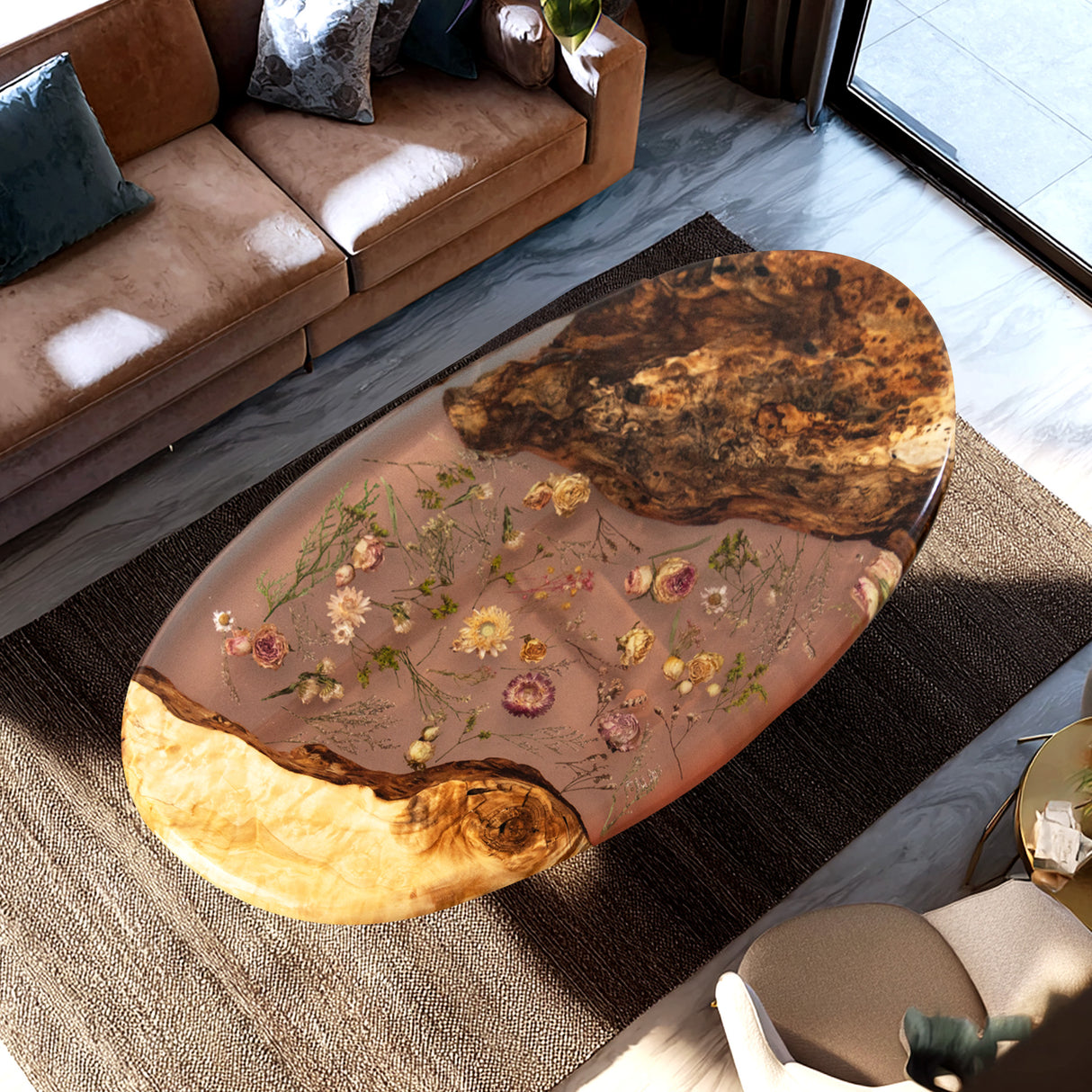 Elite DIY Poplar Oval Dining & Coffee Table with Embedded Dried Flowers ECT-217