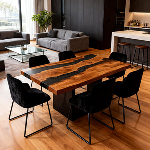 Elite Olive Wood Black Epoxy Rectangular Resin Dining Table – Natural Grain River Table ECT-264