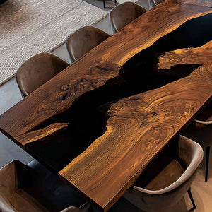 Elite Straight - Edge Black Walnut Dining Table with Deep Black Resin Inlay ECT-239