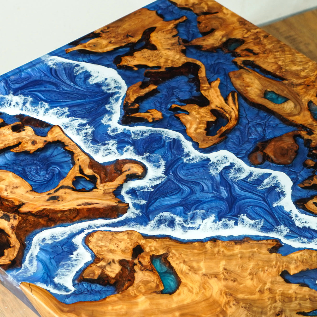 Elite Cunninghamia Wood with Blue & White Waves Epoxy Resin River Table ECT-186