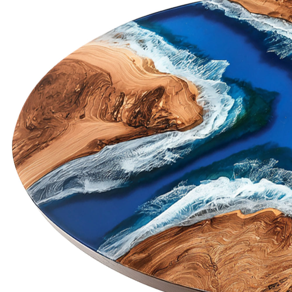 Elite Oval Golden Camphor Wood Dining Table with Majestic Ocean - Wave Resin Inlay ECT-247