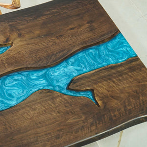 Elite Live - Edge Black Walnut Dining Table with Peacock Blue Resin Inlay 60.24‘’L×40.16''W, EIT-08