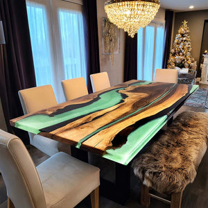 Elite Walnut Wood & Green - Black Resin River Dining Table ECT-197