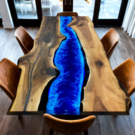 Elite Walnut Wood Blue Epoxy Resin River Dining Table with LED Light ECT-215