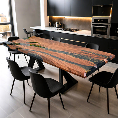 Elite Walnut Wood with Black Epoxy  and Yellow Gold Dining and Conference Table ECT-168