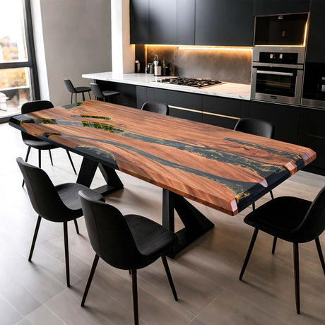 Elite Walnut Wood with Black Epoxy  and Yellow Gold Dining and Conference Table ECT-168