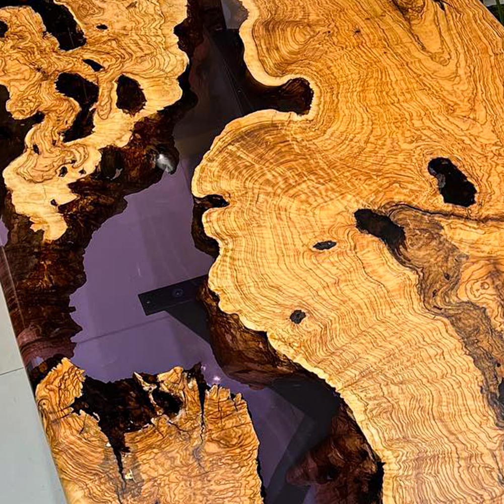 Elite Curved - Edge Olive Wood Dining Table with Purple Resin Inlay ECT - 234