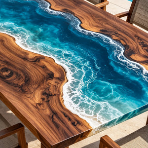 Custom Black Walnut Ocean Wave Epoxy Patio Dining Table | ECT-416