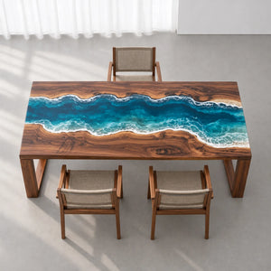 Custom Black Walnut Ocean Wave Epoxy Patio Dining Table | ECT-416