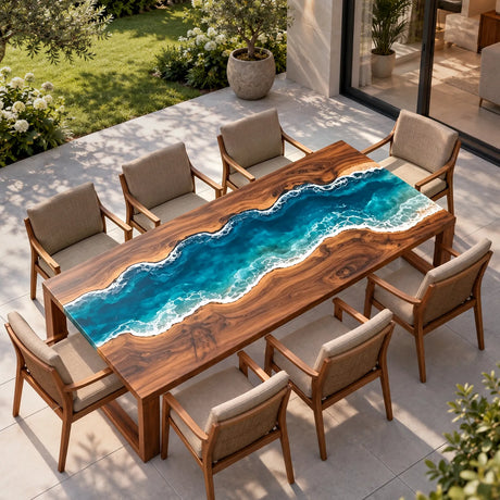 Custom Black Walnut Ocean Wave Epoxy Patio Dining Table | ECT-416