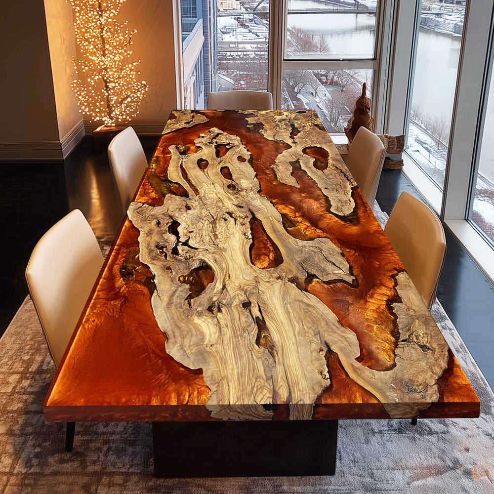 Elite Straight - Edge Olive Wood Dining Table with Irregular Orange Resin Inlay ECT-232