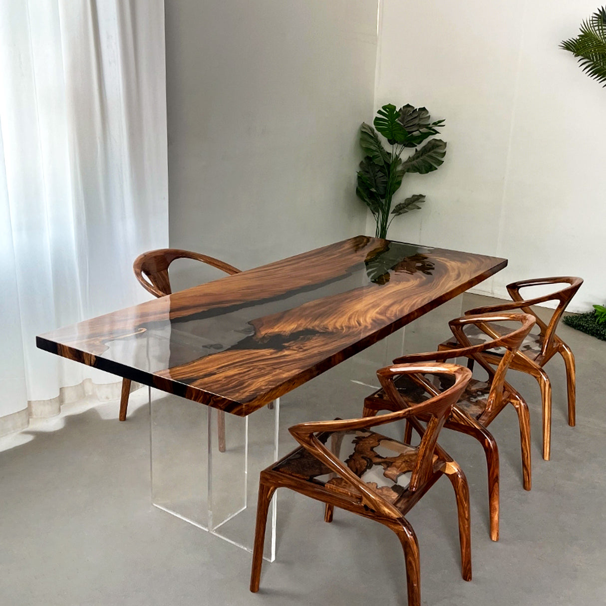 Elite Walnut Wood with Transparent Black - Gray Epoxy Resin Dining Table ECT-163
