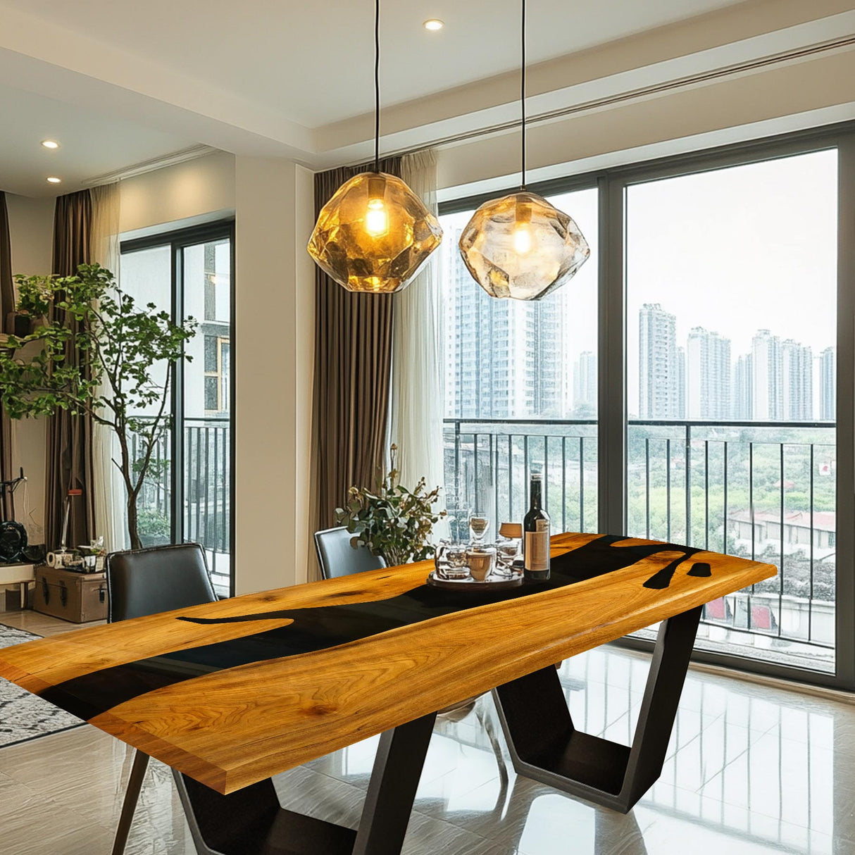 Contemporary Resin - Inlaid Wooden Dining Table