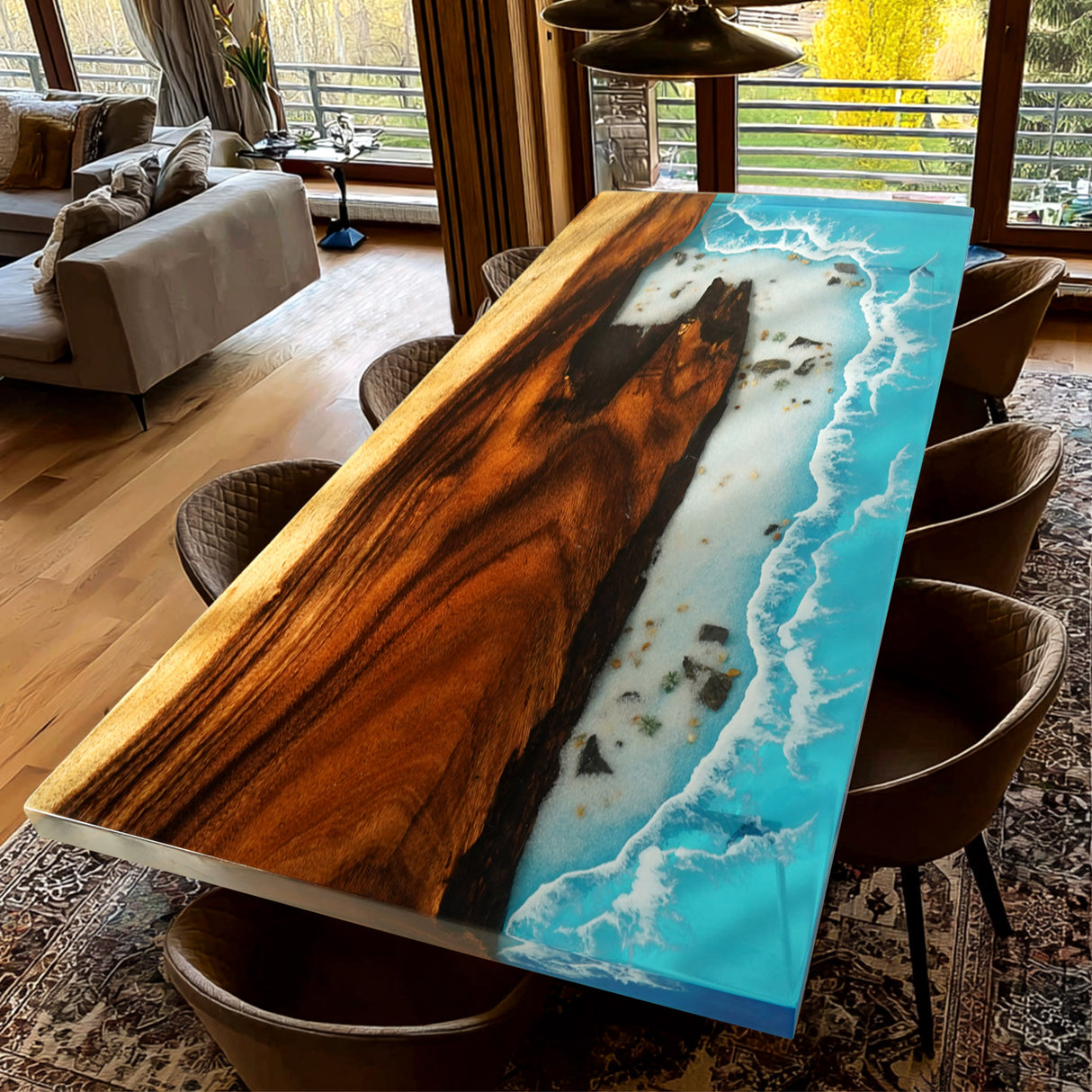 Elite Walnut Wood with Blue Seaside & Wave Epoxy Resin Dining Table ECT-196