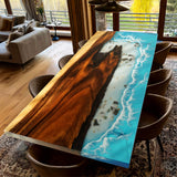 Elite Walnut Wood with Blue Seaside & Wave Epoxy Resin Dining Table ECT-196