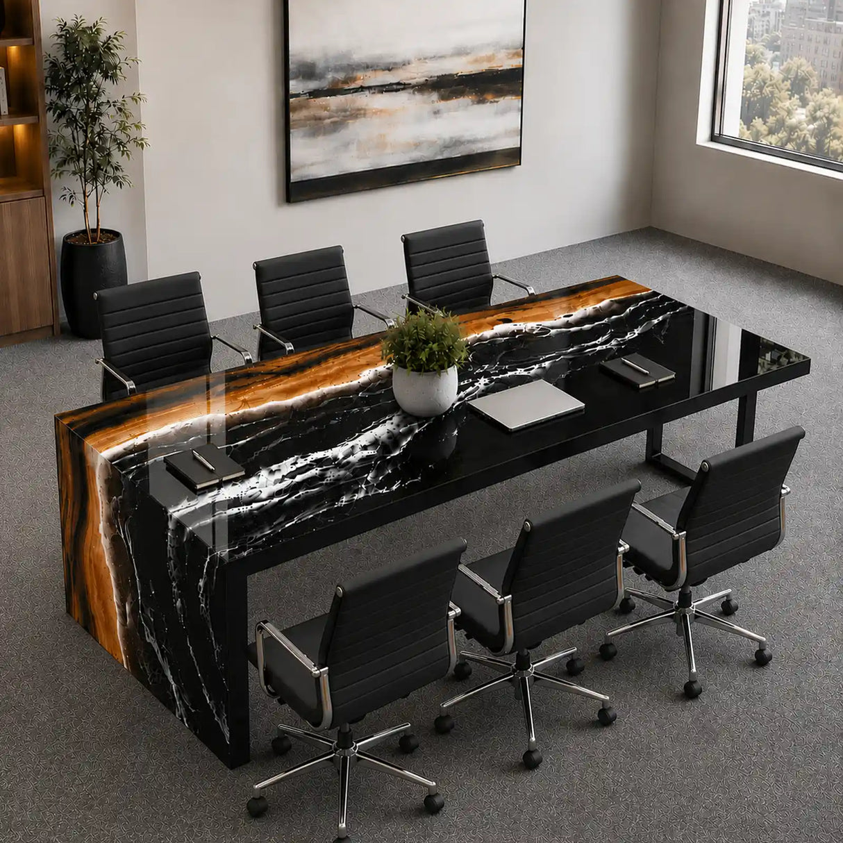 Custom Walnut Black Ocean Wave Epoxy Resin Conference Table | ECT-395