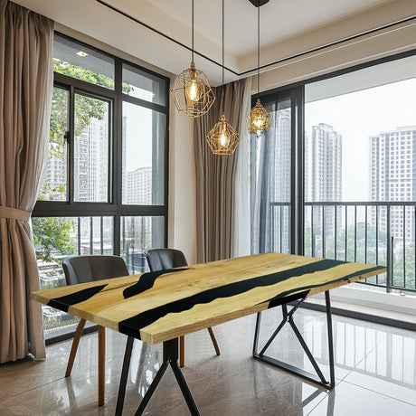 A resin table with ash wood and striking black resin inlays