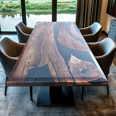 Designed for modern interiors. Featuring a natural wood slab with black resin accents and sturdy metal legs