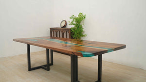 In-Stock Walnut Peacock Blue Epoxy Resin Table 42.1" × 96.1"