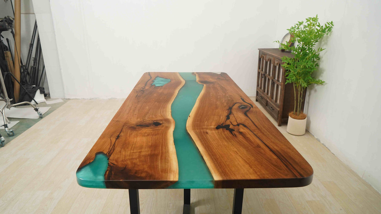 In-Stock Walnut Peacock Blue Epoxy Resin Table 42.1" × 96.1"