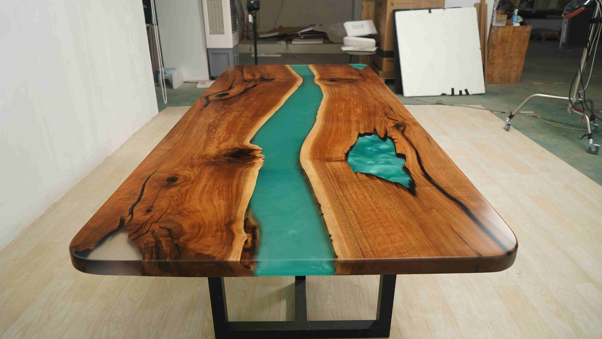 In-Stock Walnut Peacock Blue Epoxy Resin Table 42.1" × 96.1"