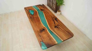 In-Stock Walnut Peacock Blue Epoxy Resin Table 42.1" × 96.1"