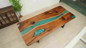 In-Stock Walnut Peacock Blue Epoxy Resin Table 42.1" × 96.1"