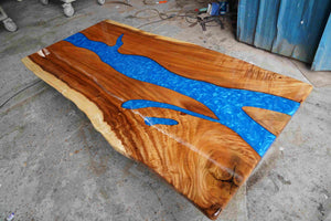 In-Stock Walnut Live Edge Blue Epoxy Resin Dining Table 40" × 84"