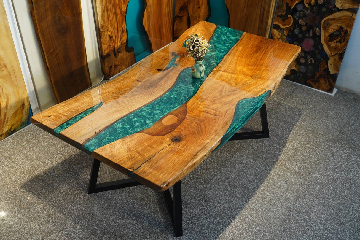 In-Stock Black Walnut Live Edge Green Epoxy Resin Dining Table 40" × 80"
