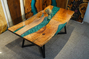 In-Stock Black Walnut Live Edge Green Epoxy Resin Dining Table 40" × 80"