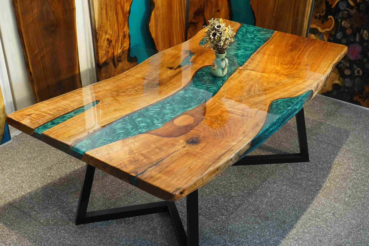 In-Stock Black Walnut Live Edge Green Epoxy Resin Dining Table 40" × 80"