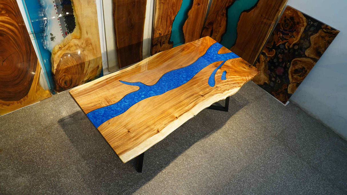 In-Stock Walnut Live Edge Blue Epoxy Resin Dining Table 40" × 84"