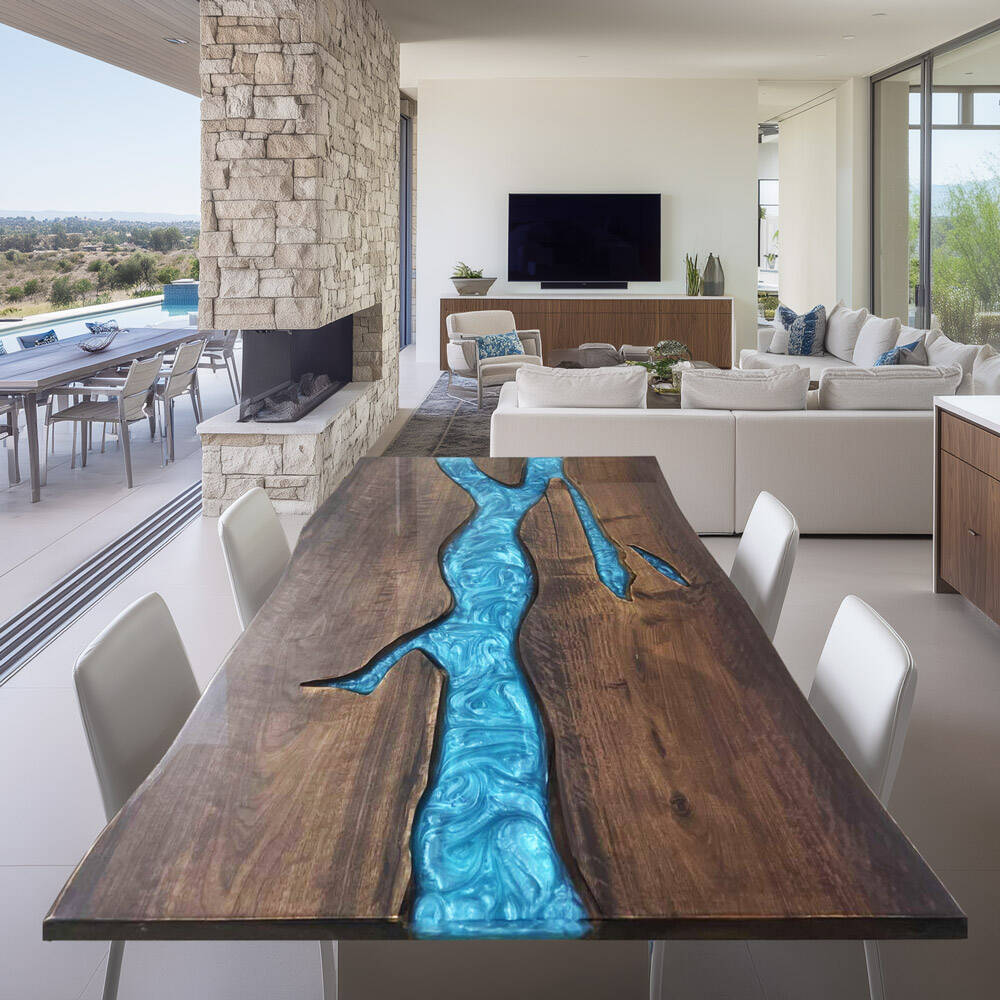 In-Stock Black Walnut Peacock Blue Epoxy Resin Table 40.2" × 60.2"